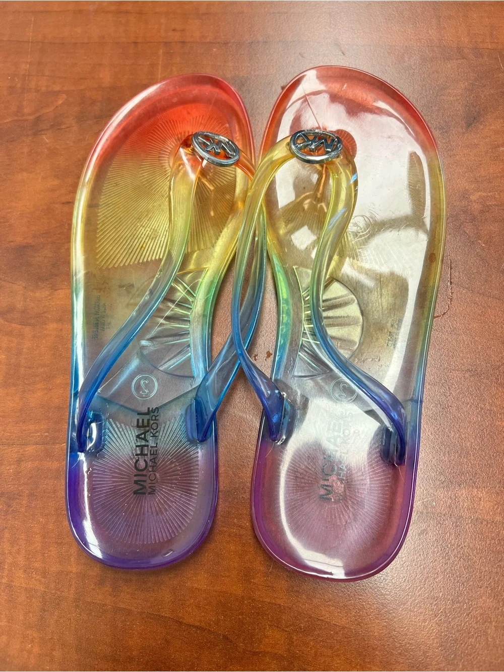Michael Kors Rainbow Gradient Jelly Flip Flops with MK Medallions kids Sz 2